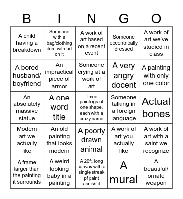Art Museum Field Trip Bingo Card