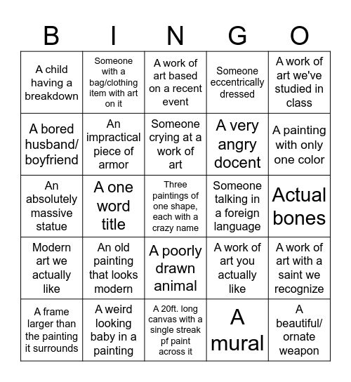 Art Museum Field Trip Bingo Card