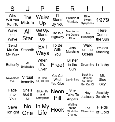 SUPER BINGO 75 SONGS Bingo Card