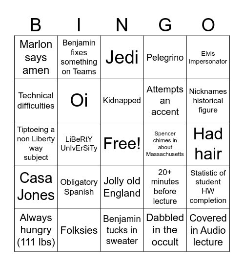 HIUS 221 Dr. Jones Bingo Card