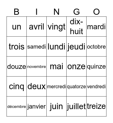 Les Jours/Mois/Numéros Bingo Card