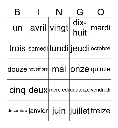 Les Jours/Mois/Numéros Bingo Card