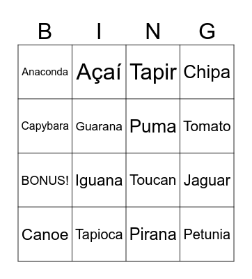 Guarani Words in English Bingo Card