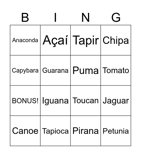 Guarani Words in English Bingo Card