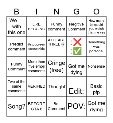 YT COMMENTS Bingo Card