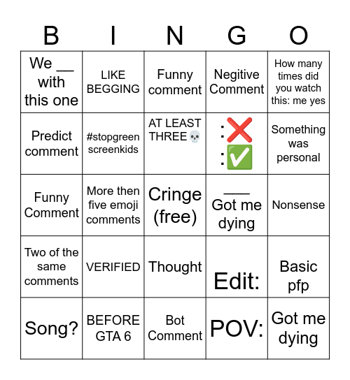 YT COMMENTS Bingo Card