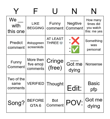 YT COMMENTS Bingo Card