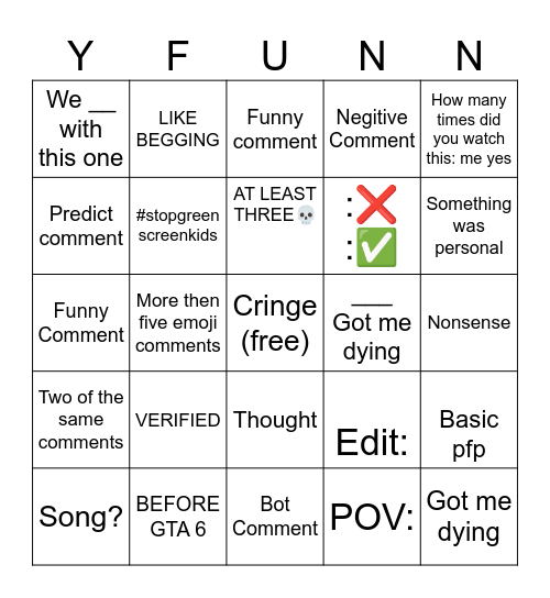 YT COMMENTS Bingo Card