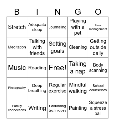 Coping Skills Bingo Card