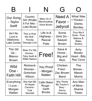 Country Bangers Bingo Card