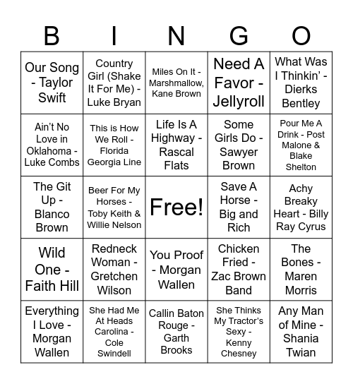 Country Bangers Bingo Card