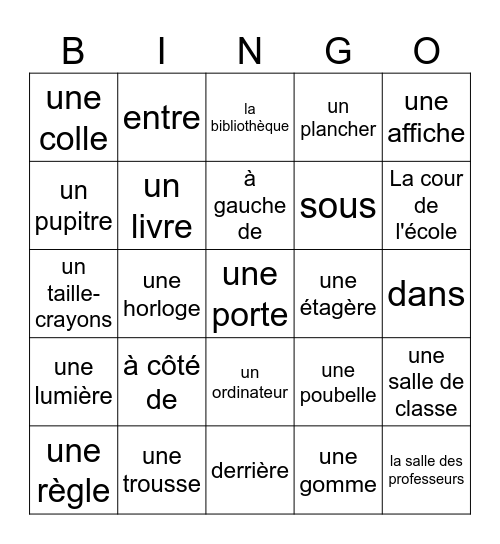 8.0 - School Locations, Objects, and Prepositions Bingo Card