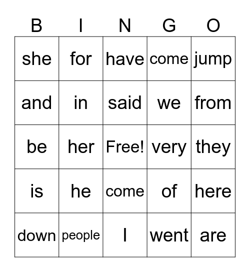 Jayden's Words Bingo Card