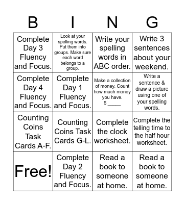 Homework Bingo- Group 1 (Week of 9/26) Bingo Card