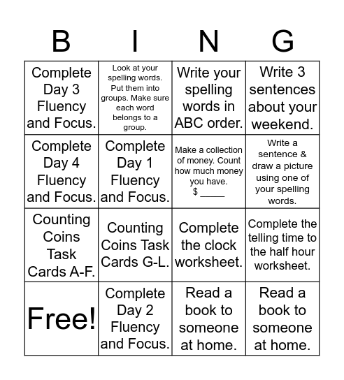 Homework Bingo- Group 1 (Week of 9/26) Bingo Card