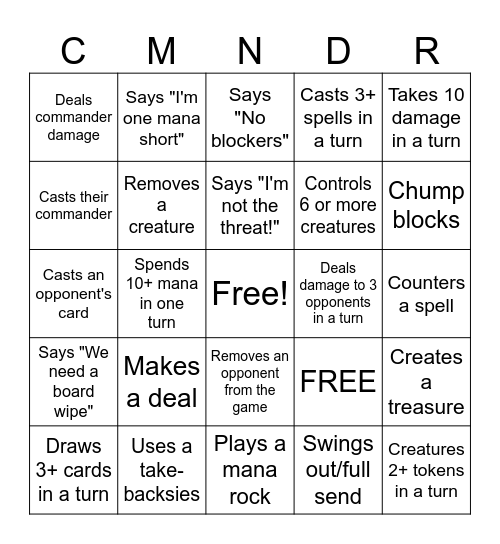 Commander Party Bingo Card