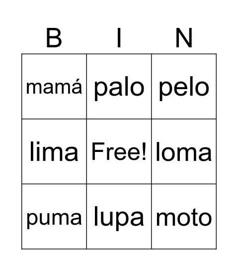 Silabas Abiertas Bingo Card