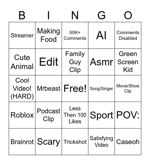 YouTube Shorts Bingo Card