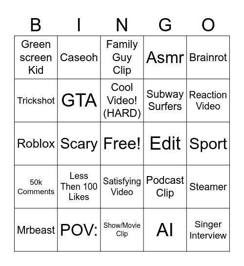 YOUTUBE SHORTS BINGO Card