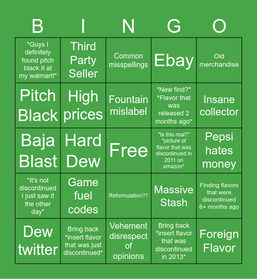 Dew Subreddit Bingo Card