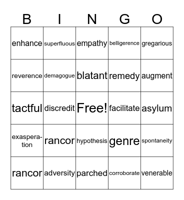 SAT VOCABULARY Bingo Card