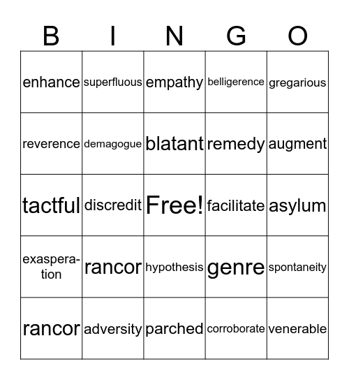 SAT VOCABULARY Bingo Card