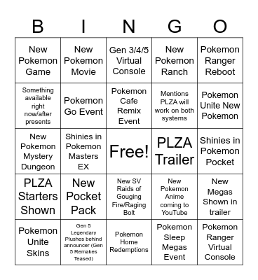 Pokemon Presents Bingo Card
