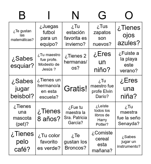Preguntas en español Bingo Card