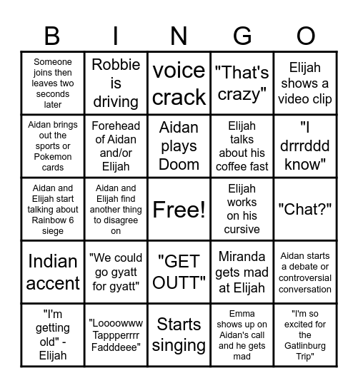 Facetime with the Lunch Table Bingo Card