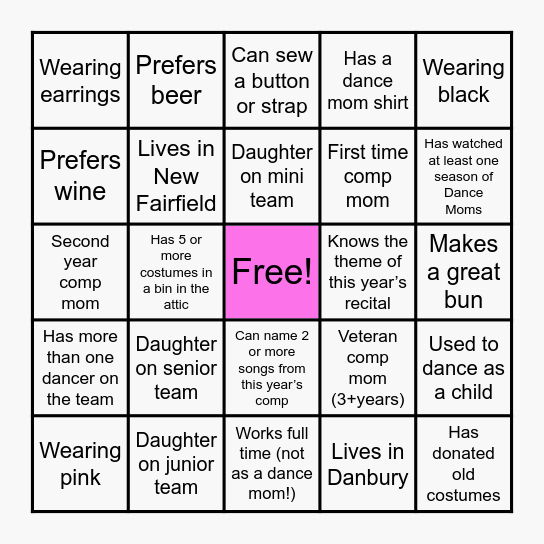 DANCE MOM BINGO Card