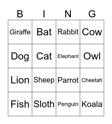 Animal Bingo Card