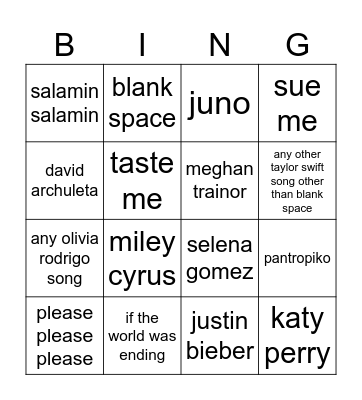 Kristine's songs bingo Card