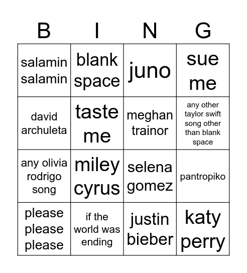Kristine's songs bingo Card