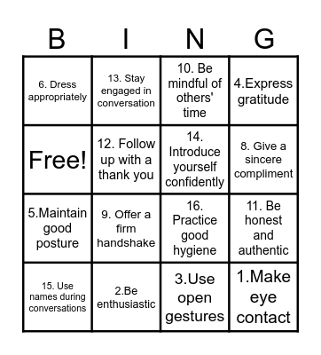 Good First Impressions Bingo Card