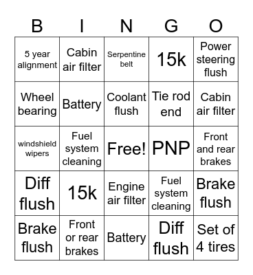 MECHANIC Bingo Card
