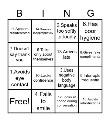 Bad First Impressions Bingo Card