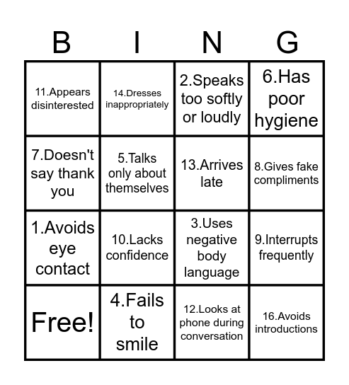 Bad First Impressions Bingo Card
