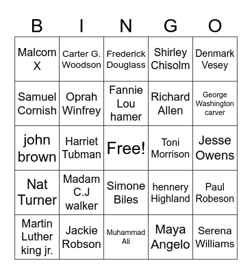 Character-Black history Bingo Card