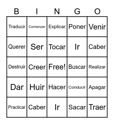 Supper Irregula Verbs Bingo Card