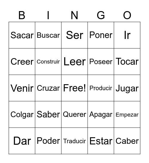Spanish Verbs Bingo Card