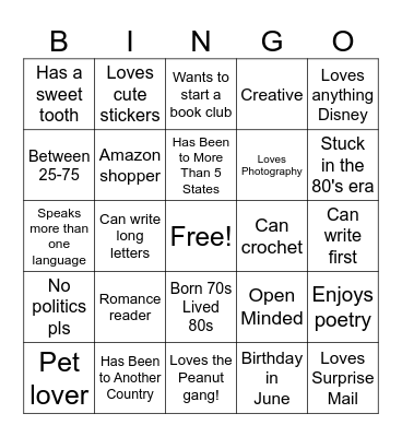 Pen Pal Bingo Card