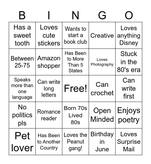 Pen Pal Bingo Card