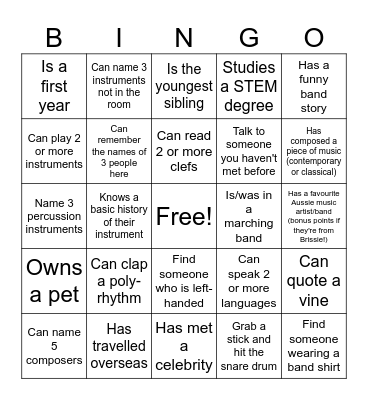 Concert Band Open Rehearsal Bingo 2025! Bingo Card