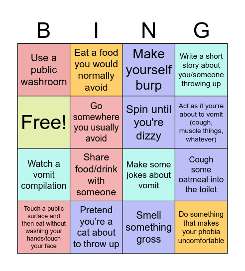 Emetophobia recovery games Bingo Card
