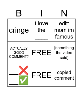 youtube shorts comments bingo Card