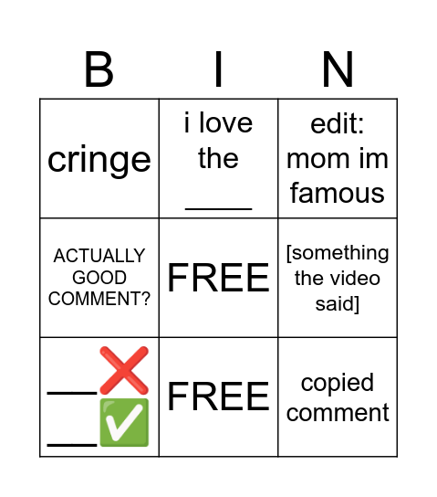 youtube shorts comments bingo Card
