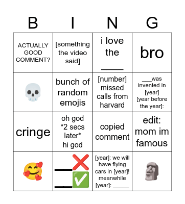 youtube shorts comments bingo Card