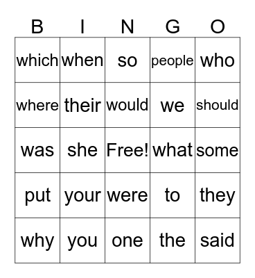 Power Words Bingo Card