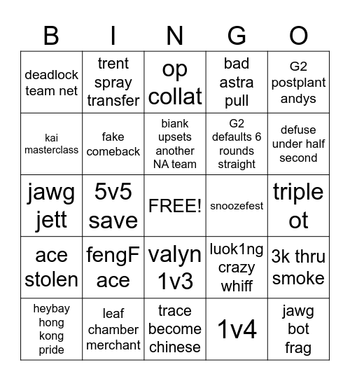 trace vs G2 Bingo Card