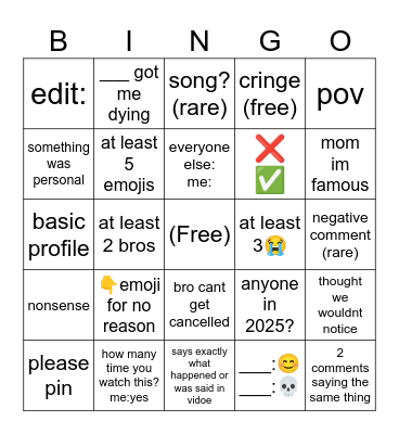 youtube coments Bingo Card